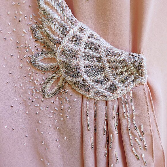 Vintage Jack Bryan Cocktail Wrap Dress Pink Heavy Beaded Long Sleeve Bling 8 - Picture 7 of 11